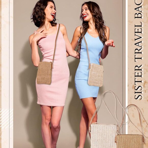 2 Pcs Straw Beach Bag for Women Summer Woven Shoulder Crossbody Handbag - Picture 5 of 7